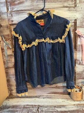 BIS Indigo Denim Blouse with Cream Lace Ruffle Trim